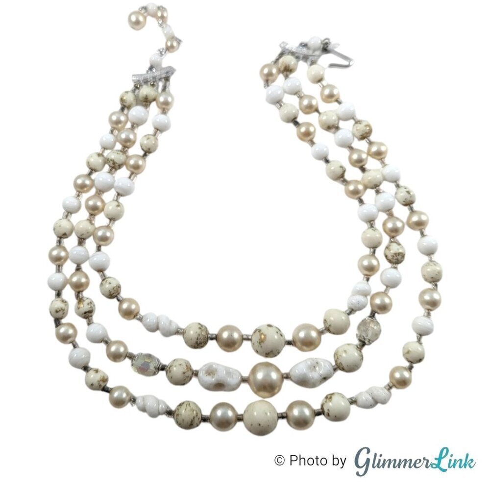 VTG Japan Triple Strand White Faux Pearl Glass AB Silver Tone Beaded Necklace
